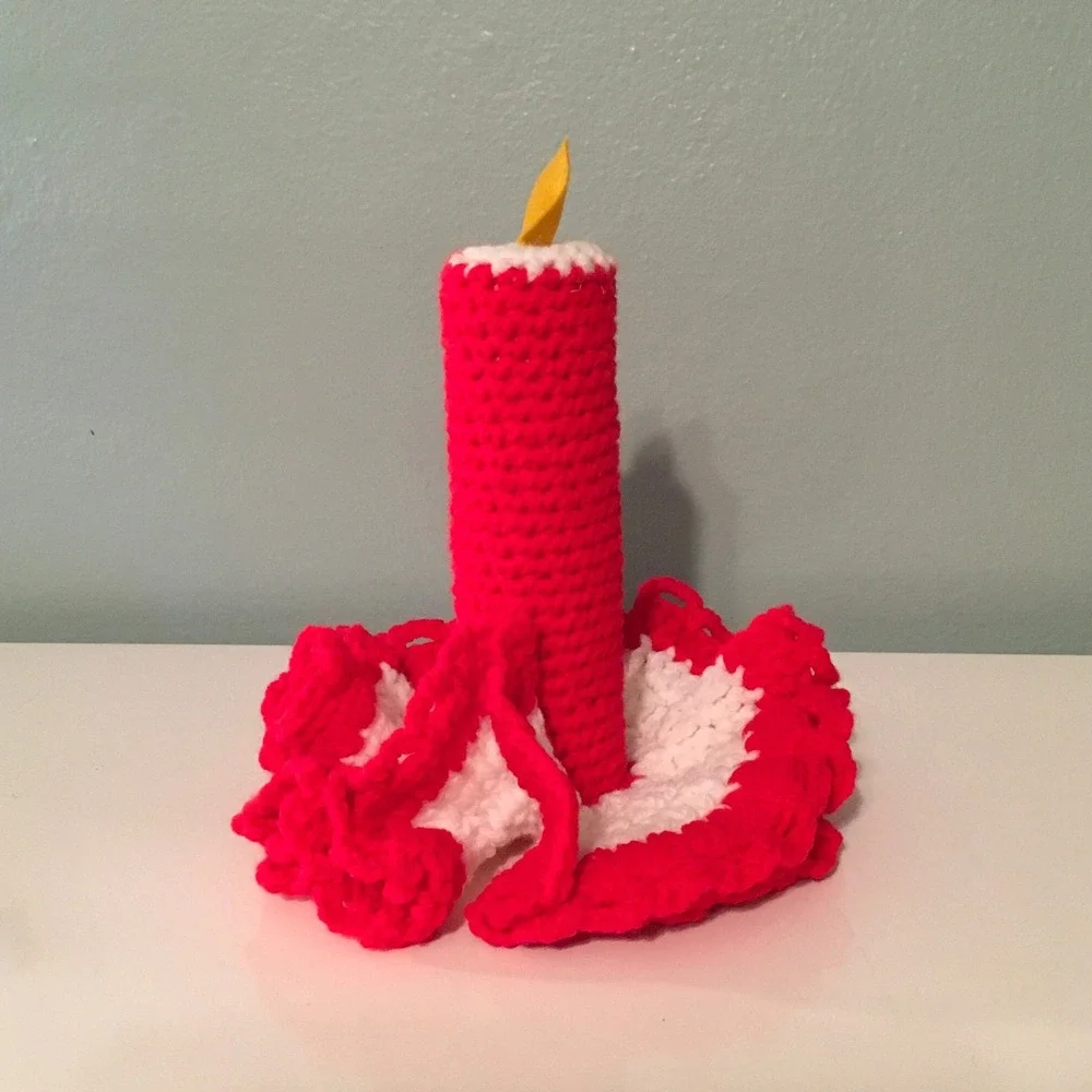 Vtg‎ Handmade Pair Crochet Christmas Holiday Candle Frill Skirt Felt Flame Decor